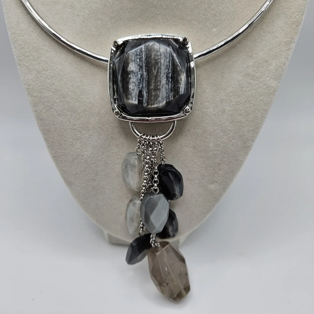 NEW Chico's Cinda Black Lucite Statement Dangle Necklace Silver Tone
